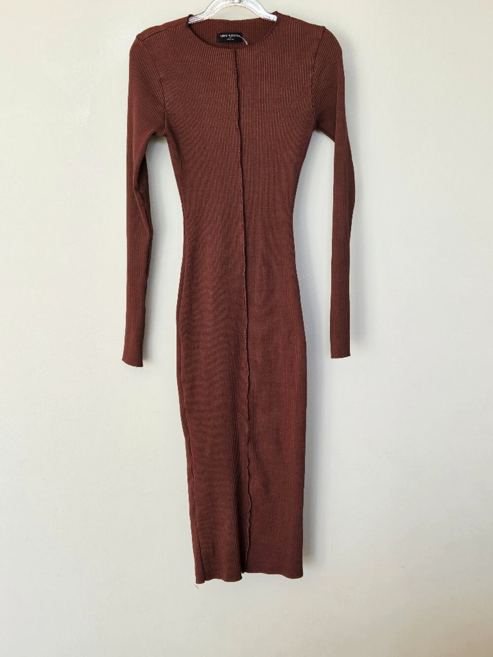 Naked Wardrobe Los Angles Dress Snatched Ribbed Crewneck Long Sleeve Brown Med